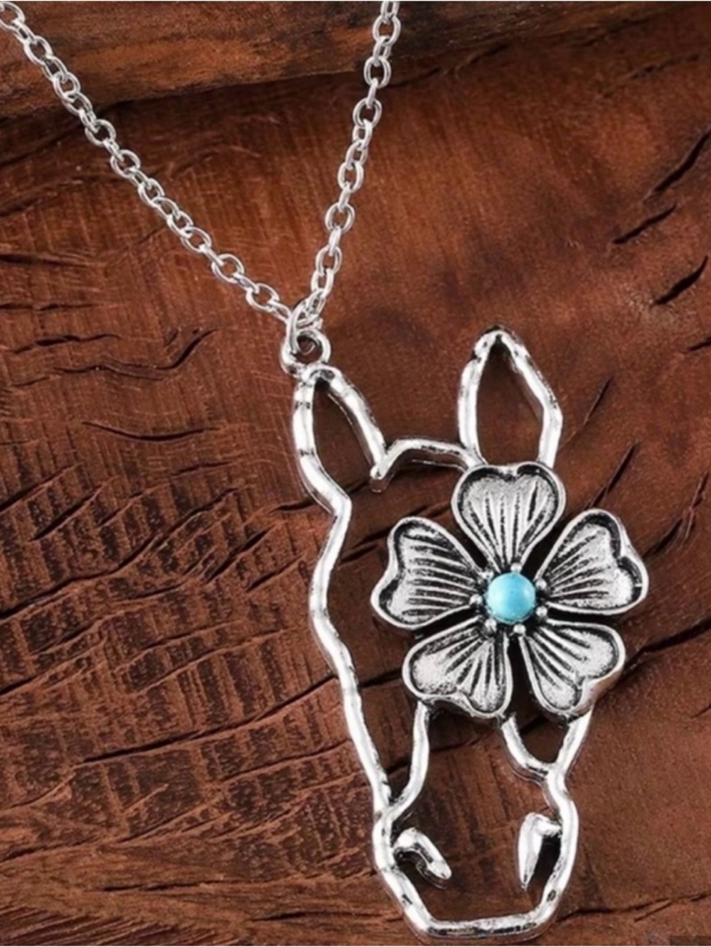 Silver Floral Llama Outline Necklace with Turquoise Accent NWOT